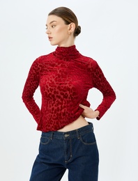 Leopar Desenli Yarı Transparan Kadife Body Dik Yaka Uzun Kollu Slim Fit
