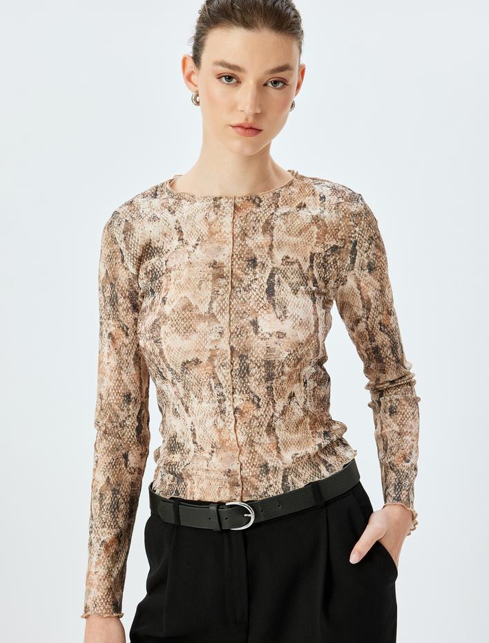  Slim Fit Bisiklet Yaka Uzun Kollu Yılan Derisi Baskılı Tişört