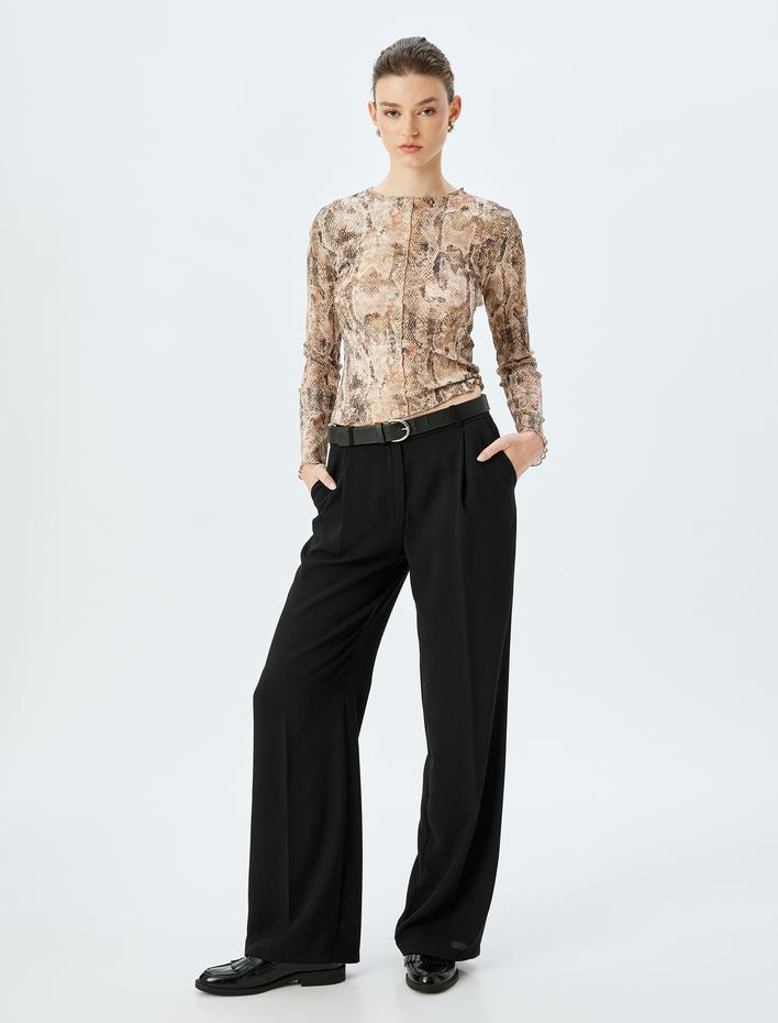  Slim Fit Bisiklet Yaka Uzun Kollu Yılan Derisi Baskılı Tişört