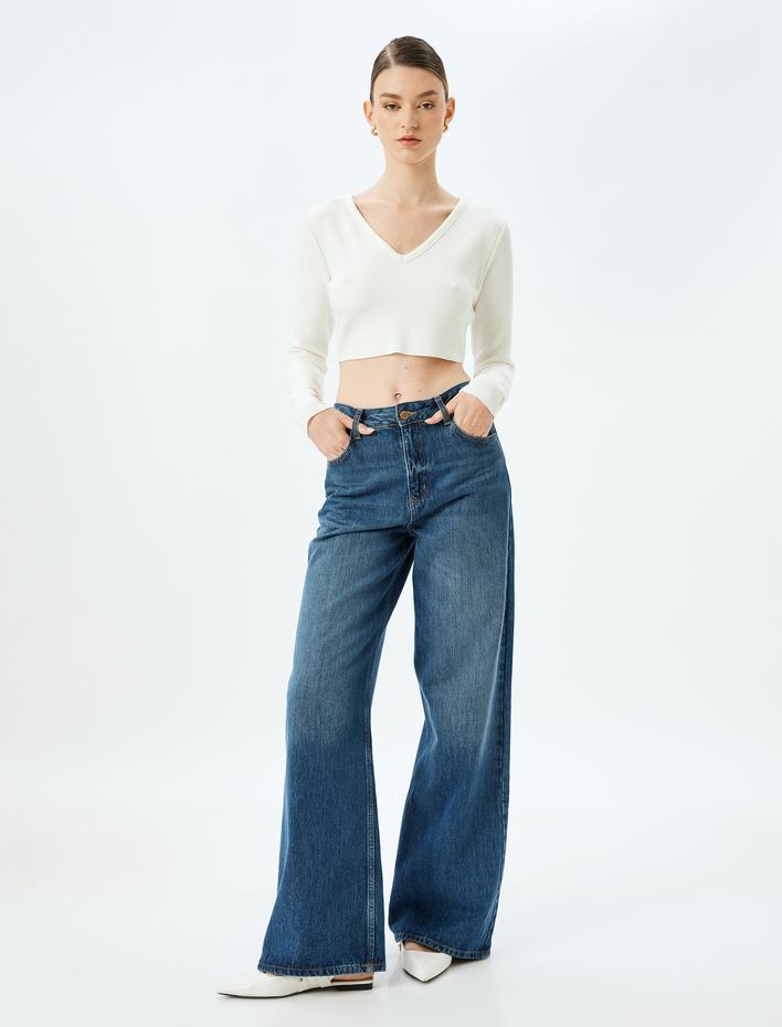  Viskon Uzun Kollu V Yaka Crop Tişört