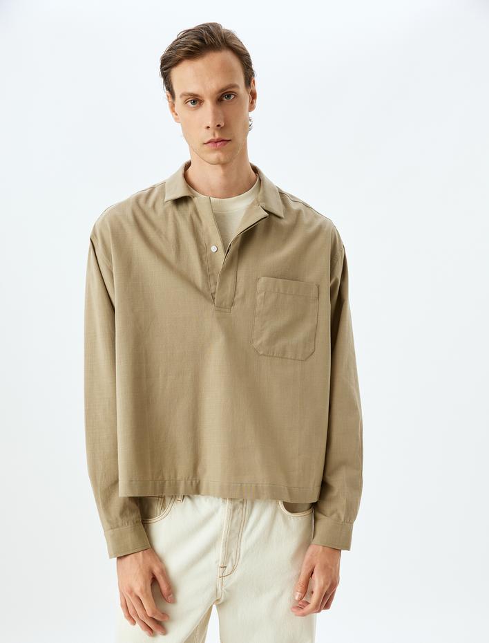  Pamuklu Cep Detaylı Regular Fit Uzun Kollu Yarım Düğmeli Gömlek