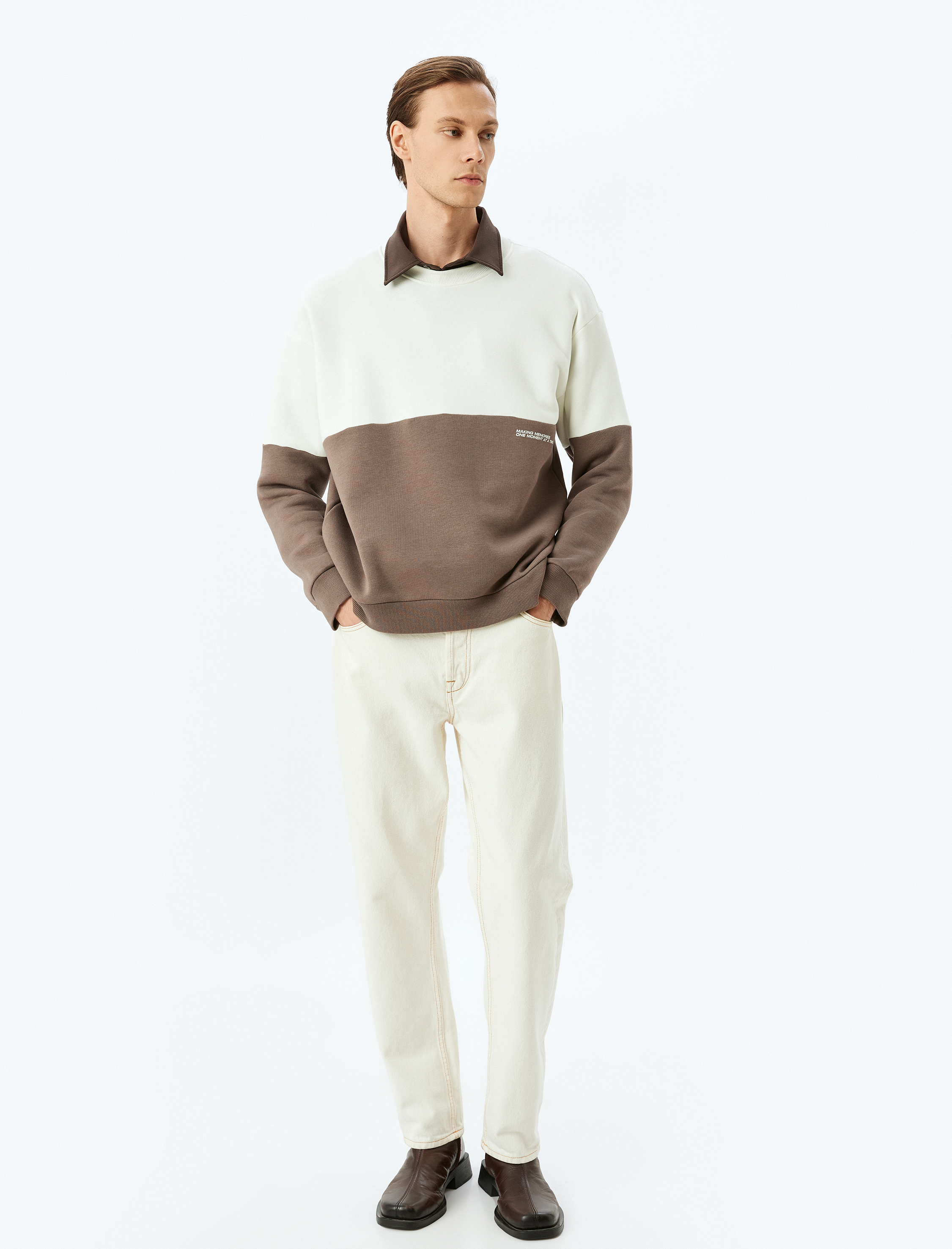 Bisiklet Yaka Pamuk Karışımlı Şardonlu Renk Bloklu Basic Minimal Baskılı Oversize Sweatshirt