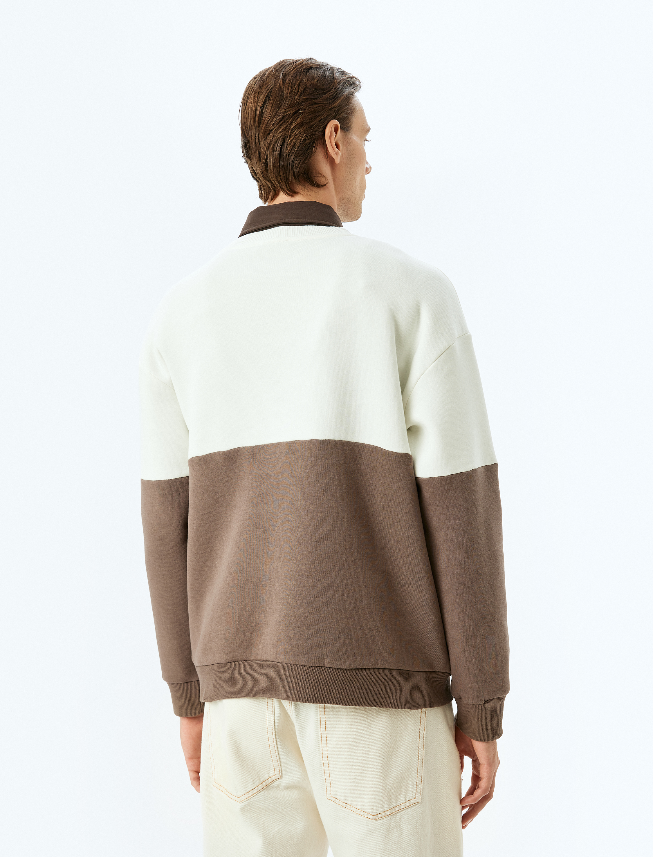 Bisiklet Yaka Pamuk Karışımlı Şardonlu Renk Bloklu Basic Minimal Baskılı Oversize Sweatshirt