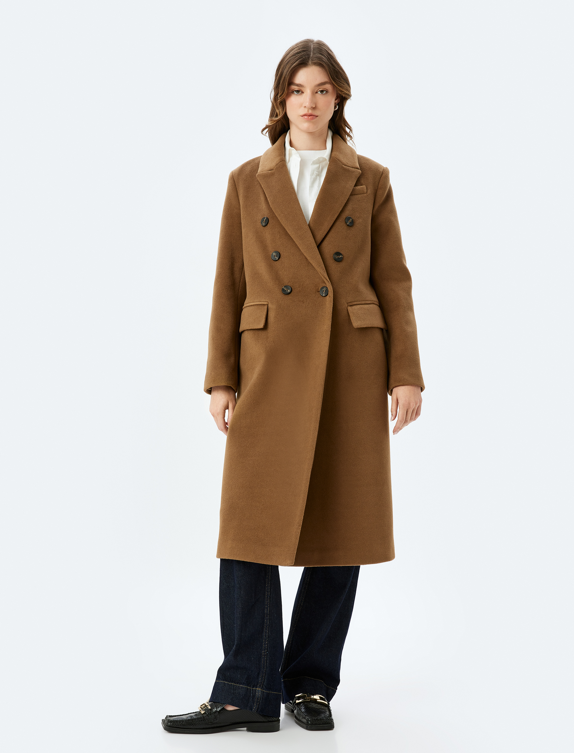   Düğmeli Kruvaze Uzun Kaşe Kaban