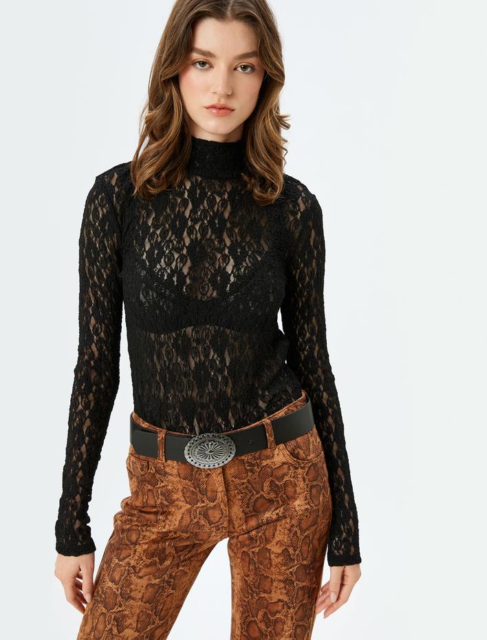  Slim Fit Uzun Kollu Dik Yaka Yarı Transparan Dantel Bluz