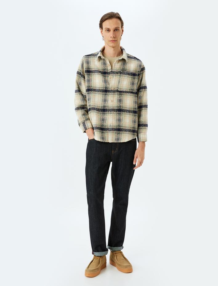  Uzun Kollu Pamuk Karışımlı Regular Fit Cep Detaylı Ekose Desenli Gömlek Ceket