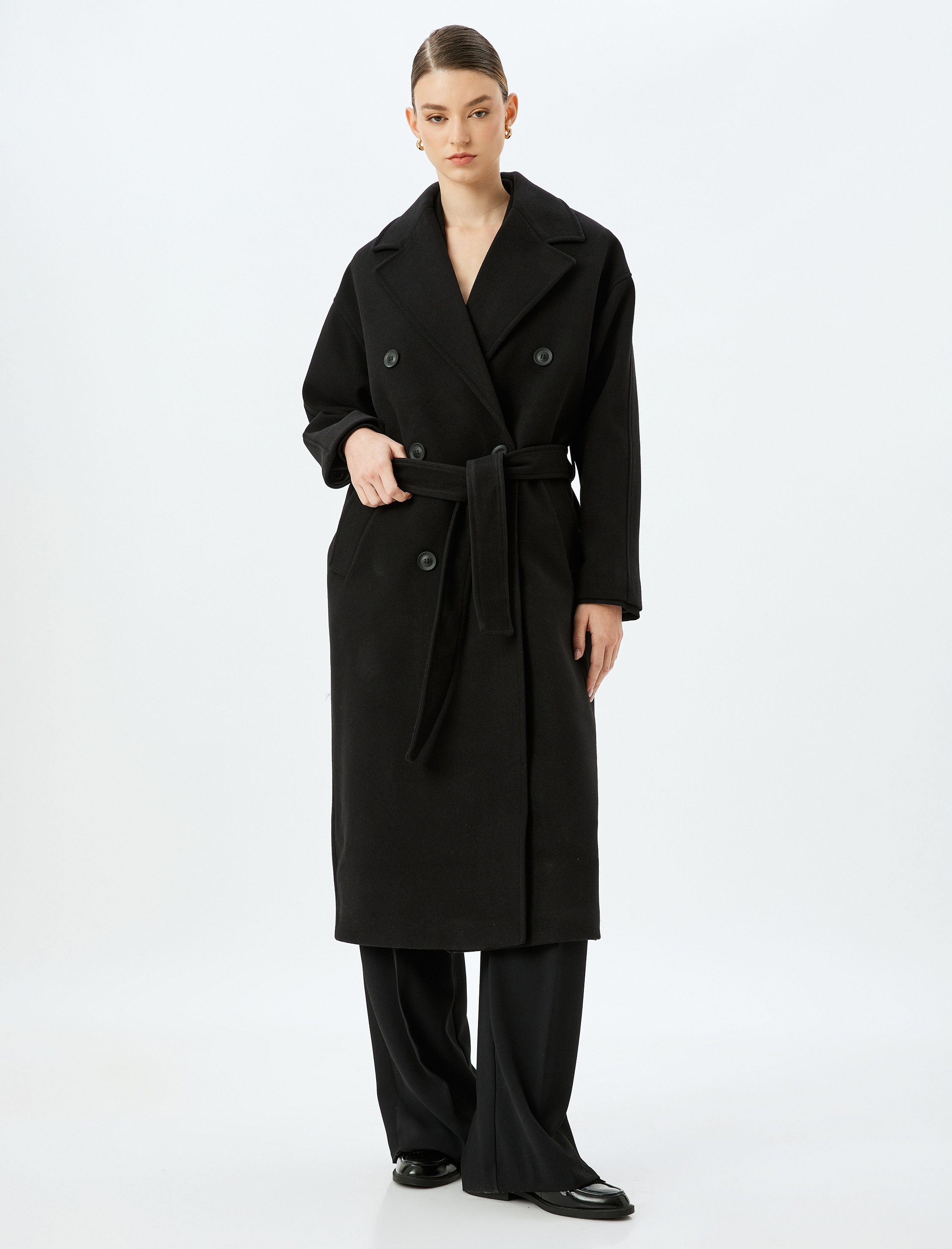   Cepli Düğmeli Kuşak Detaylı Kruvaze Ekstra Uzun Kaşe Kaban