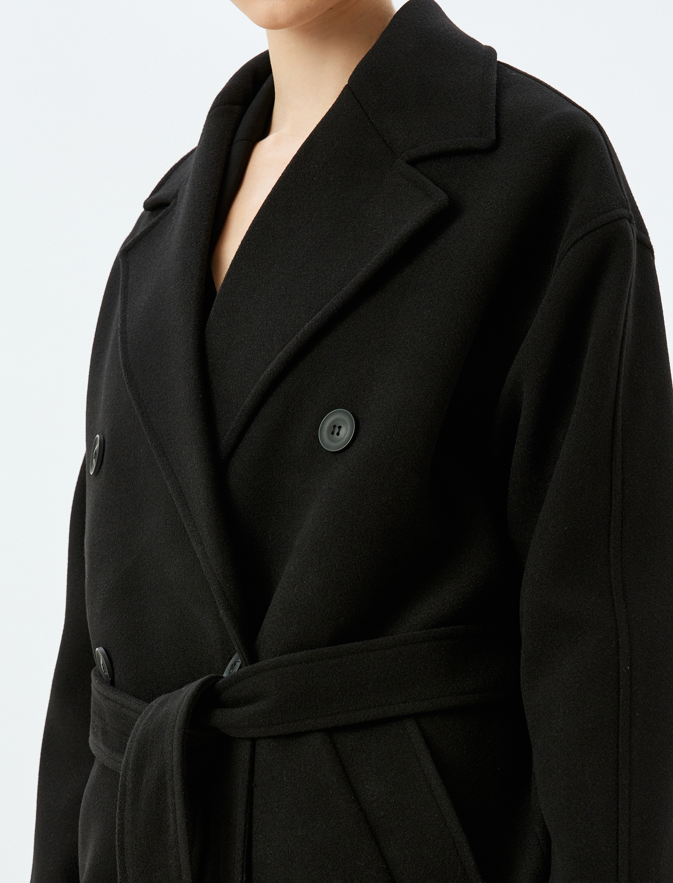   Cepli Düğmeli Kuşak Detaylı Kruvaze Ekstra Uzun Kaşe Kaban