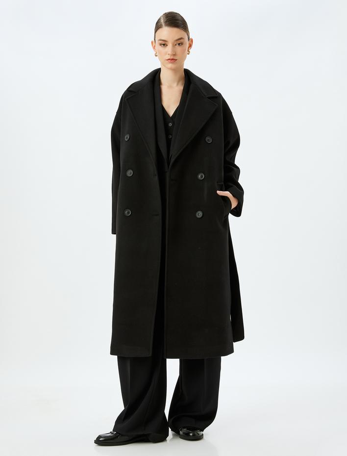  Cepli Düğmeli Kuşak Detaylı Kruvaze Ekstra Uzun Kaşe Kaban