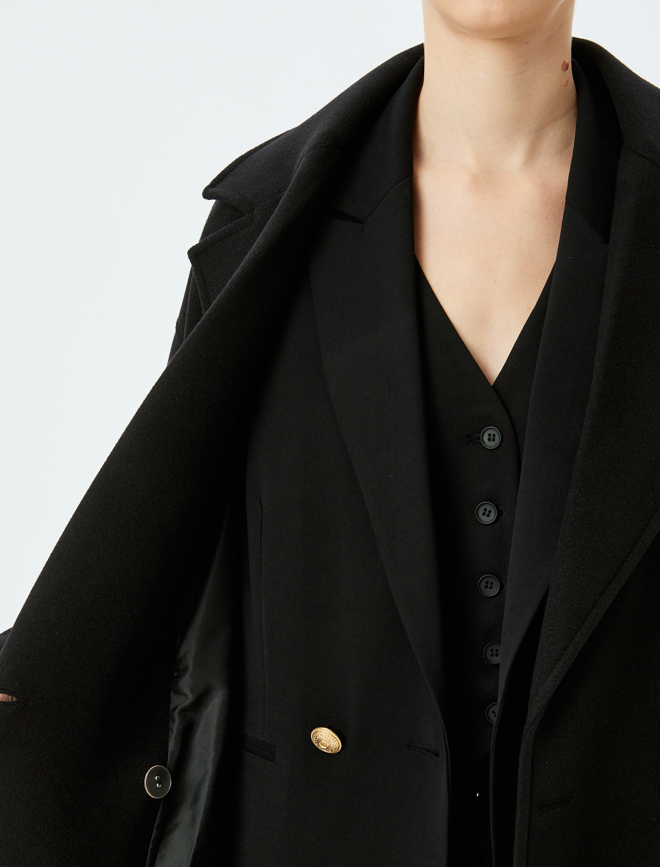   Cepli Düğmeli Kuşak Detaylı Kruvaze Ekstra Uzun Kaşe Kaban