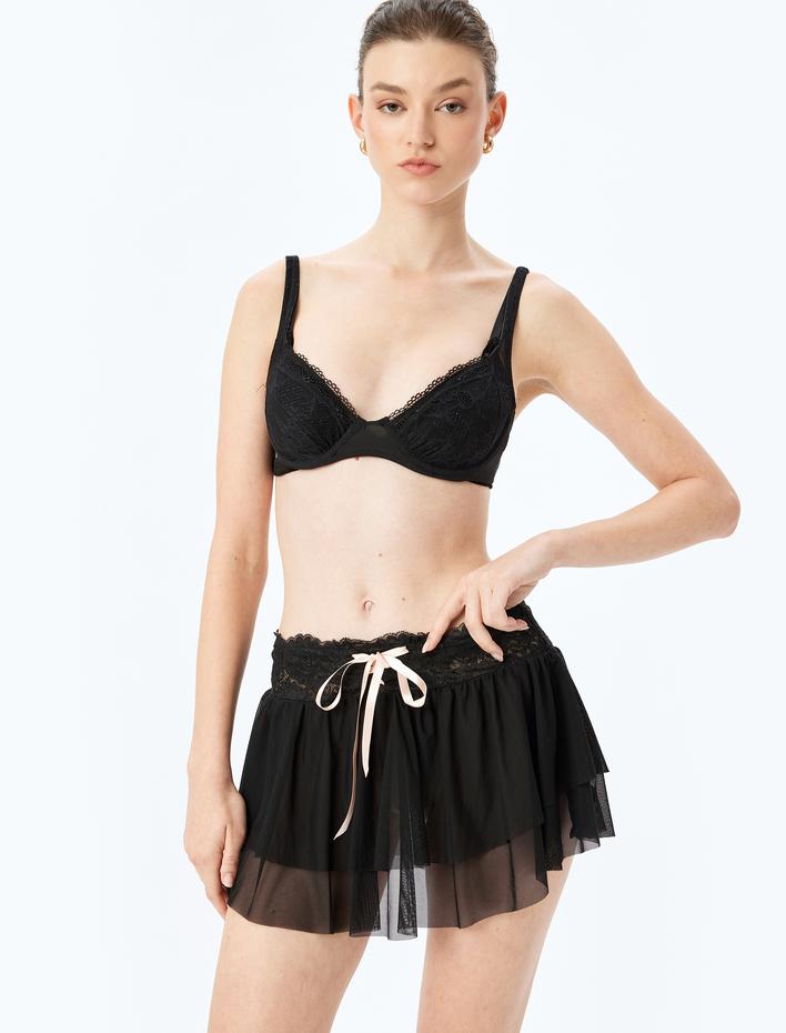  Fiyonk Detaylı Dantelli Mini Tül Şort Etek Pijama Altı