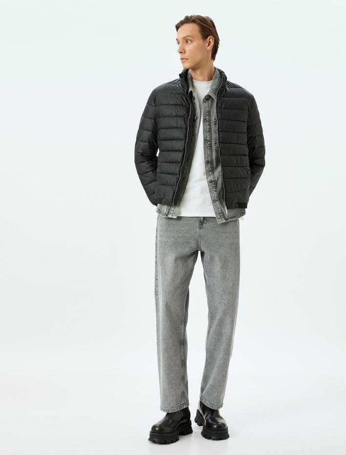  Dik Yaka Etiket Detaylı Lateks Kumaş Slim Fit Şişme Ceket