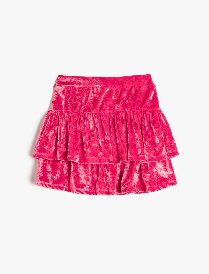 Kız Çocuk Beli Lastikli Fırfırlı Katlı Kadife Etek