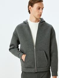 Kanguru Cepli Viskon Karışımlı Basic Fermuarlı Kapşonlu Sweatshirt