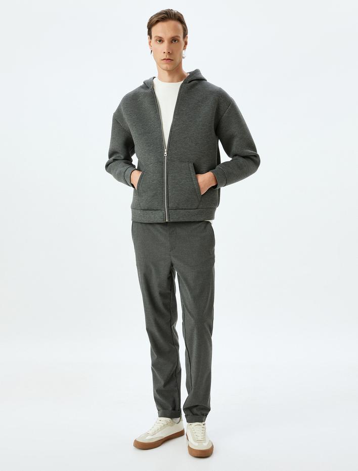  Cep Detaylı Viskon Karışımlı Basic Fermuarlı Kapşonlu Sweatshirt