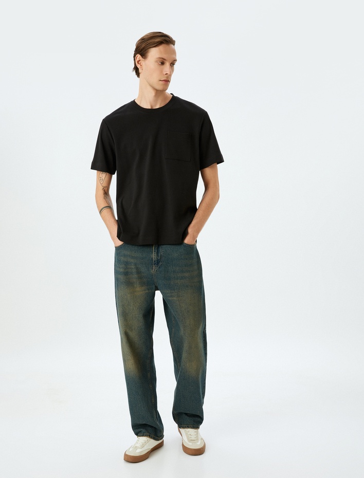  Bisiklet Yaka Regular Fit Kısa Kollu Cepli Pamuklu Basic Tişört