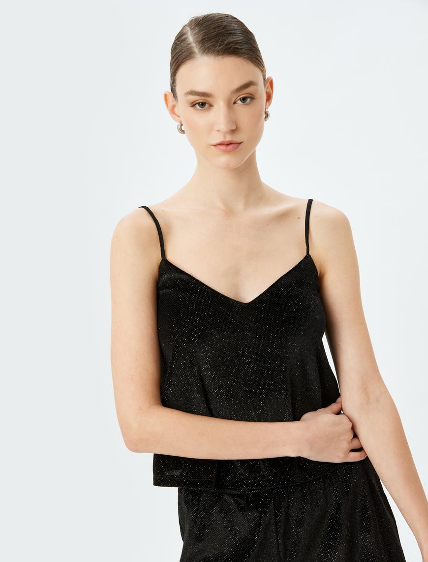   Parıltılı İnce Askılı Pijama Üstü