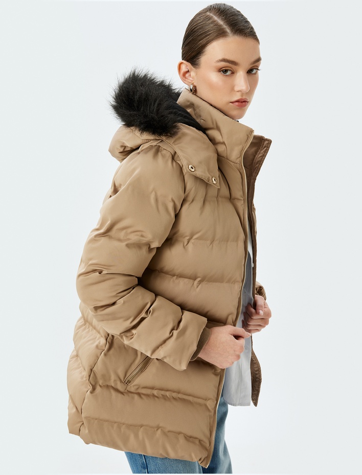  Şişme Mont Kapüşonlu Suni Kürk Yaka Cepli Fermuarlı