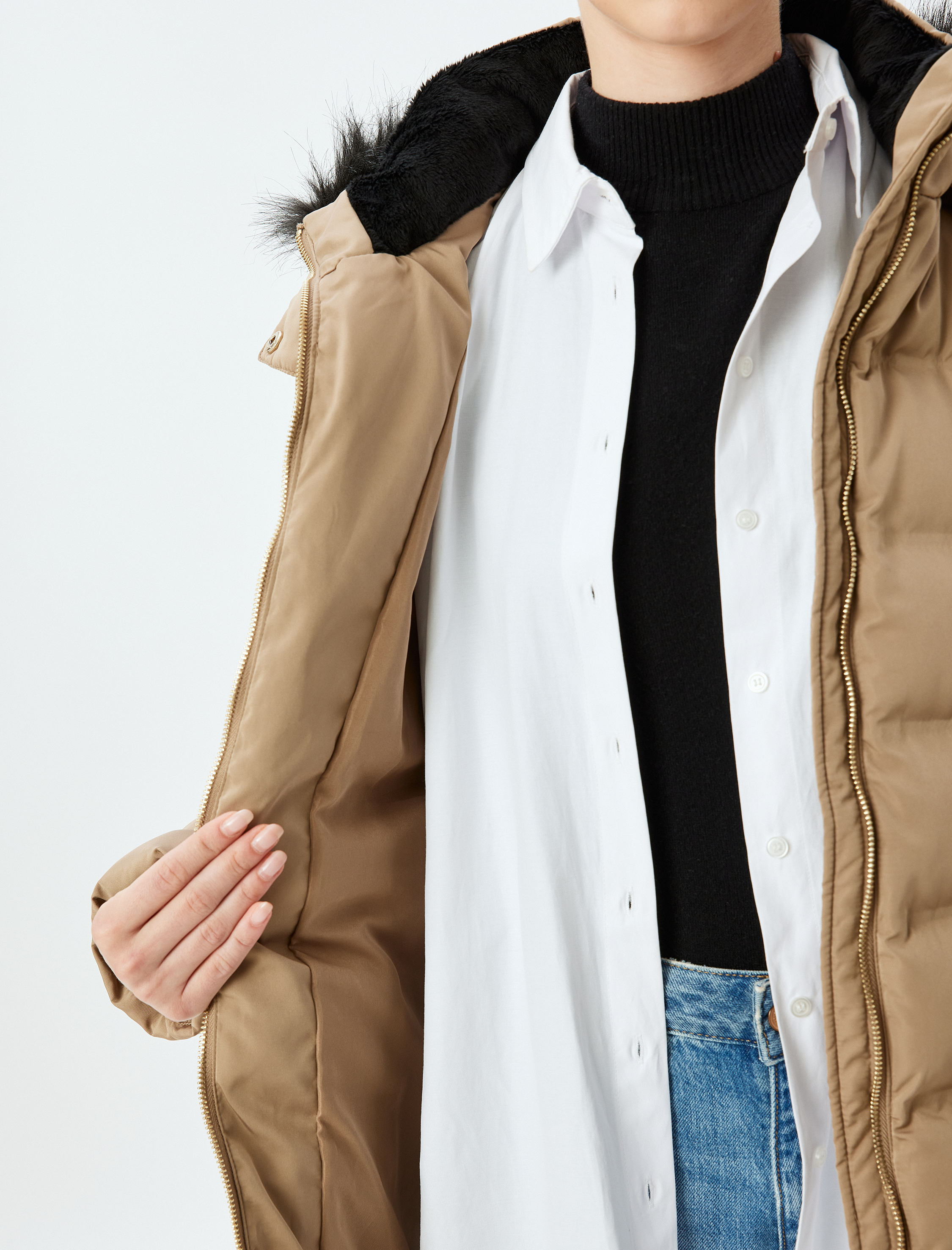   Şişme Mont Kapüşonlu Suni Kürk Yaka Cepli Fermuarlı