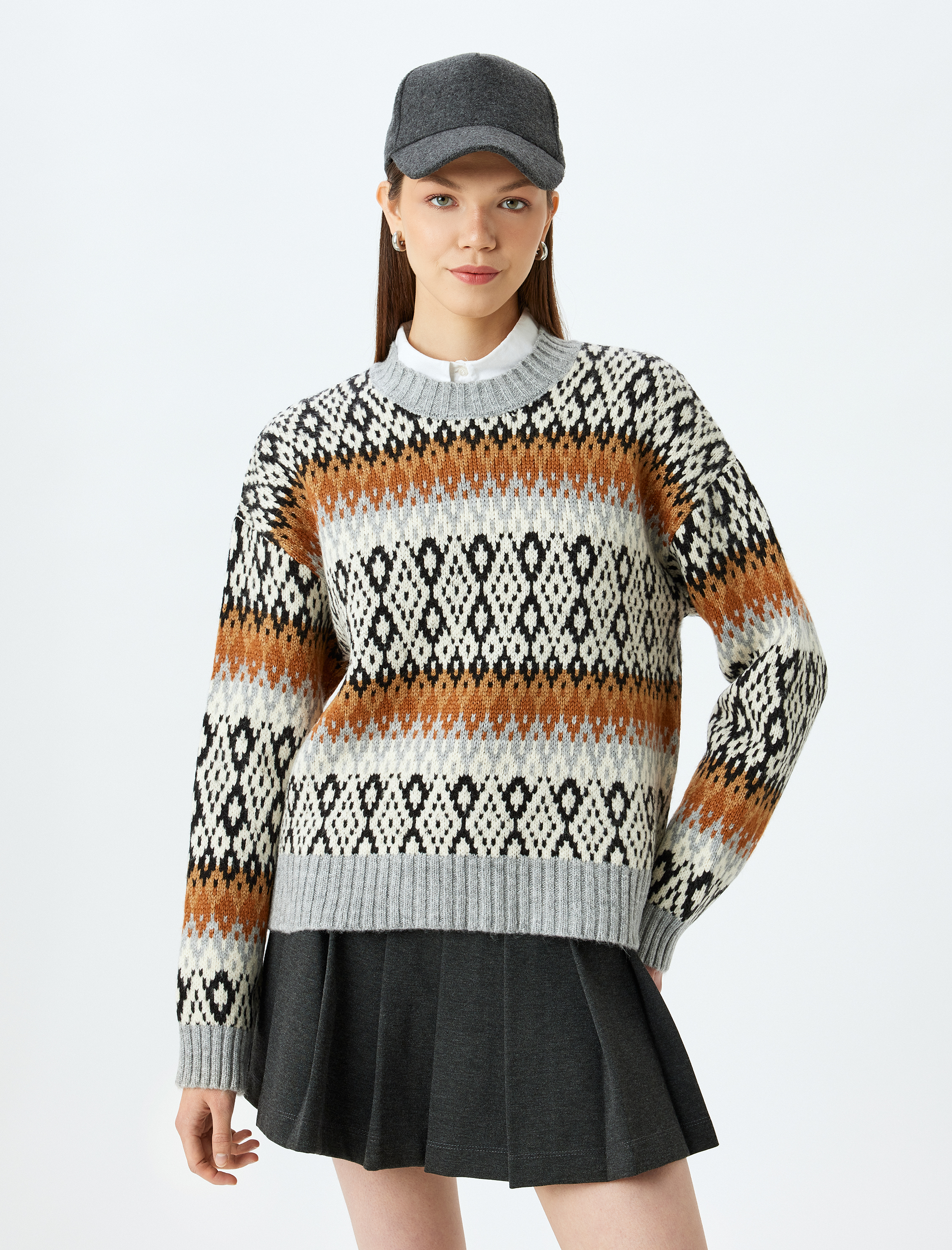   Bisiklet Yaka Rahat Kalıp Uzun Kollu Çok Renkli Etnik Kazak