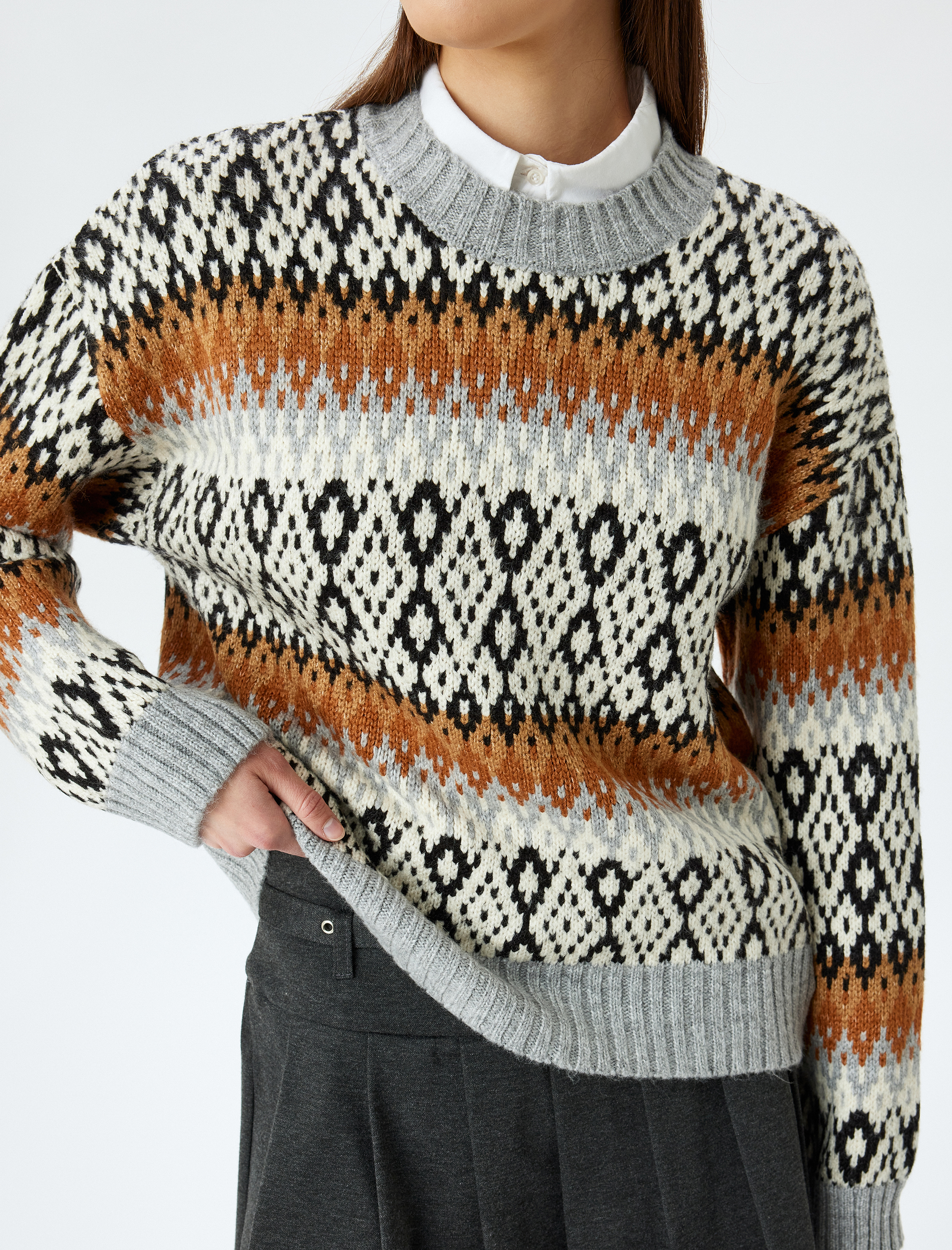   Bisiklet Yaka Rahat Kalıp Uzun Kollu Çok Renkli Etnik Kazak