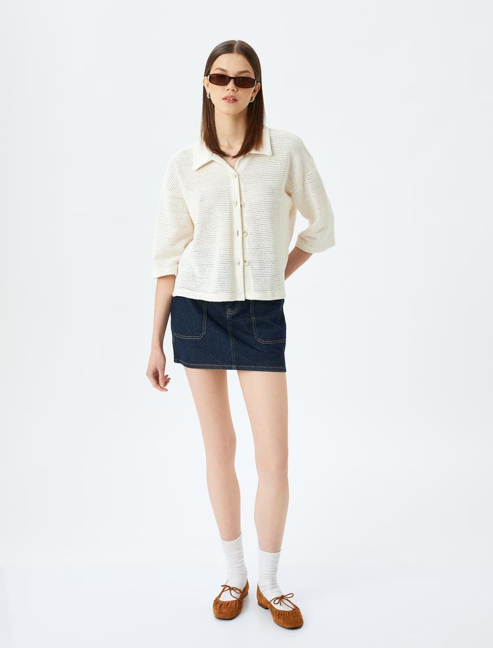  Gömlek Yaka Düğmeli Yarım Kollu Triko Tişört