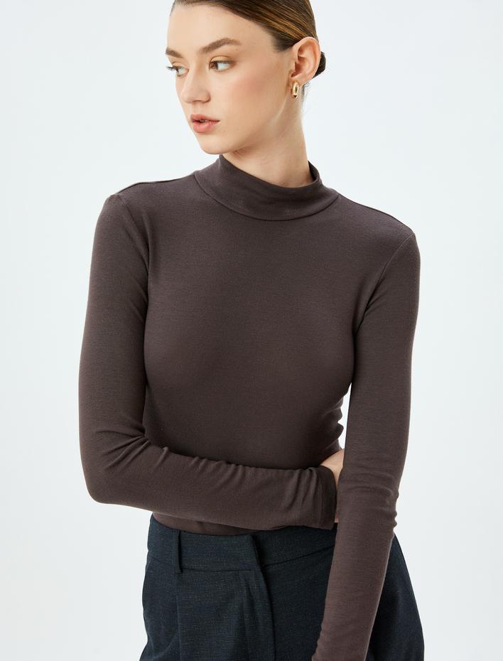  Slim Fit Alttan Çıt Çıt Düğme Kapamalı Dik Yaka Viskon Uzun Kollu Bodysuit