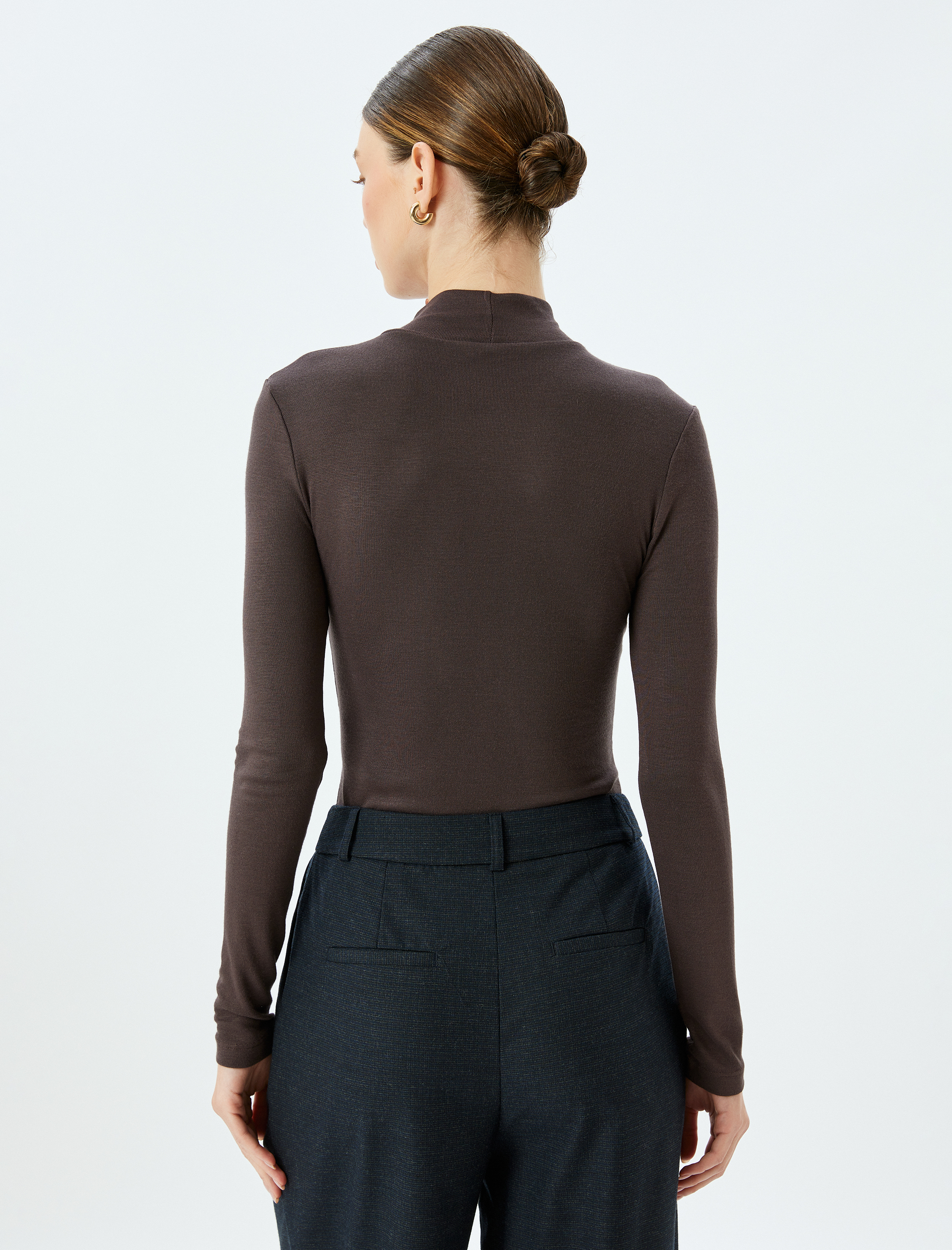 Slim Fit Alttan Çıt Çıt Düğme Kapamalı Dik Yaka Viskon Uzun Kollu Bodysuit