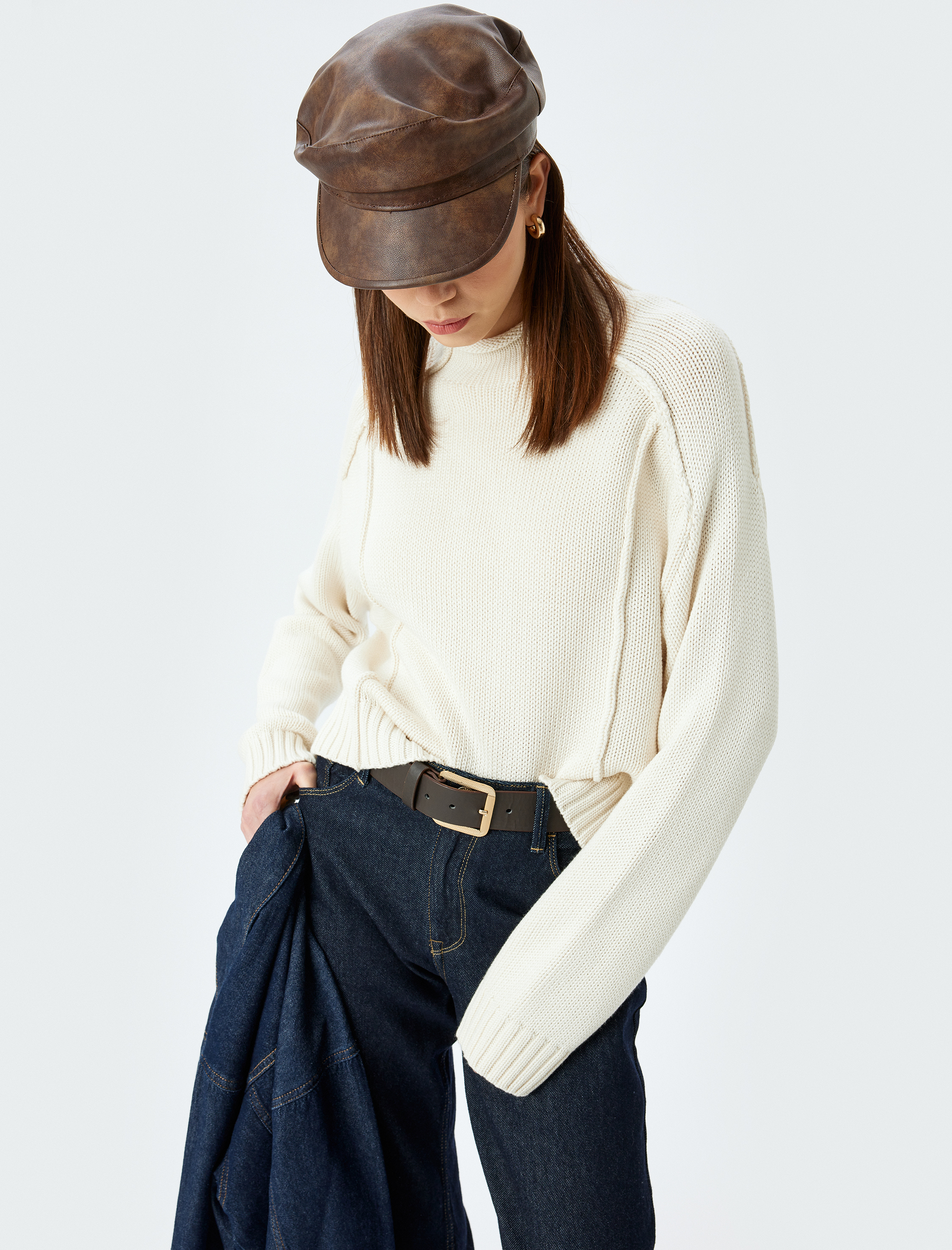   Bisiklet Yaka Nervürlü Uzun Kollu Rahat Kalıp Triko Kazak