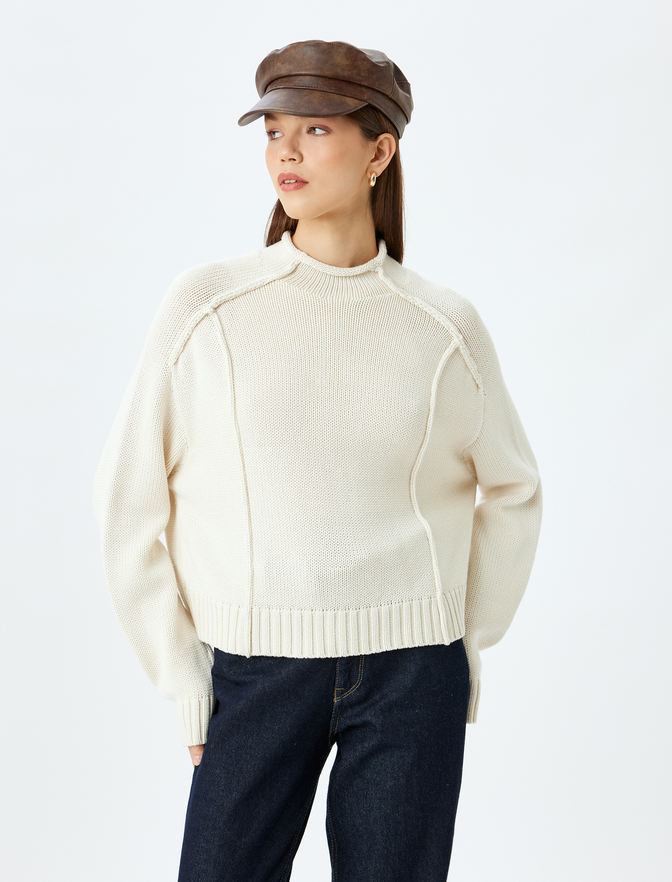   Bisiklet Yaka Nervürlü Uzun Kollu Rahat Kalıp Triko Kazak