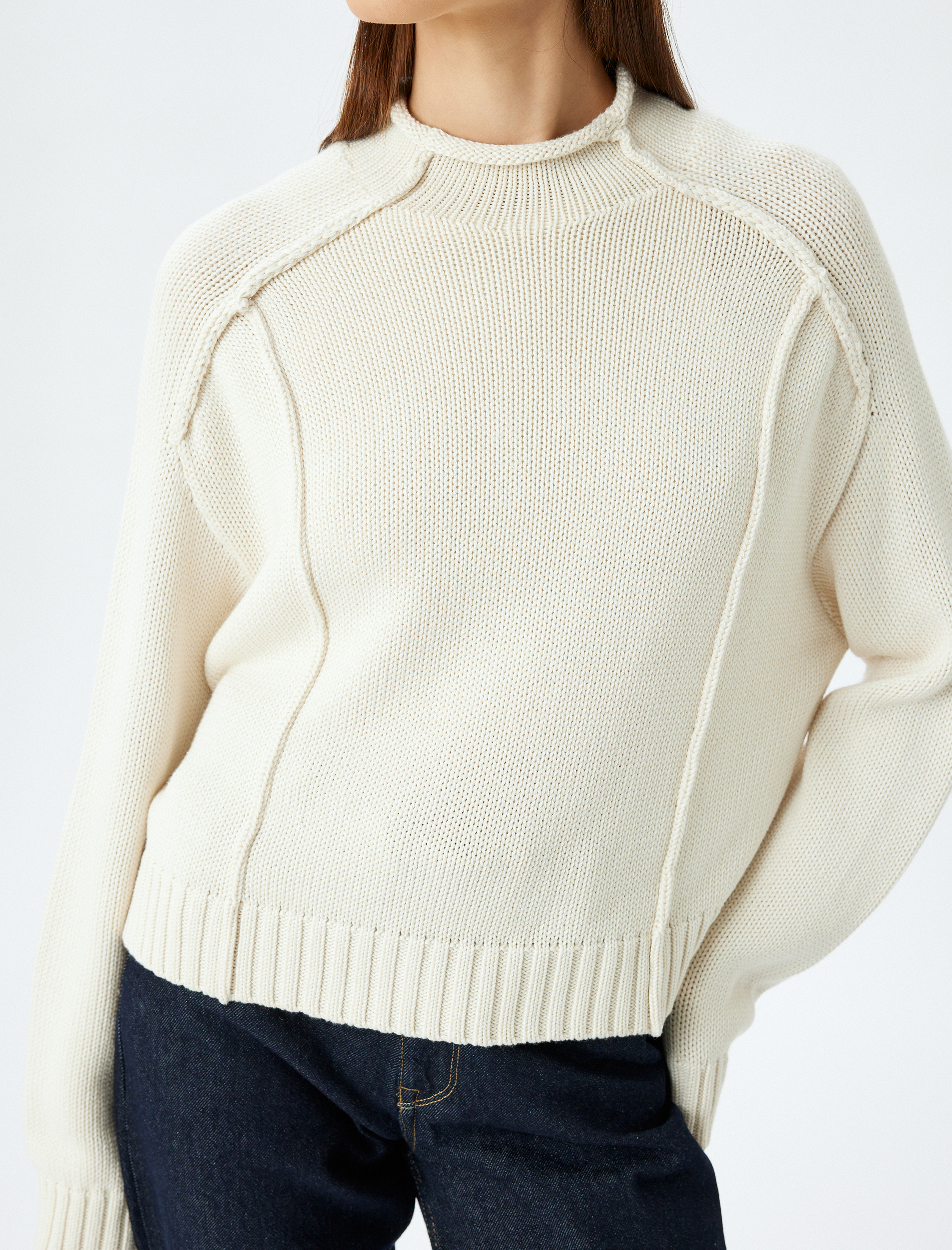   Bisiklet Yaka Nervürlü Uzun Kollu Rahat Kalıp Triko Kazak