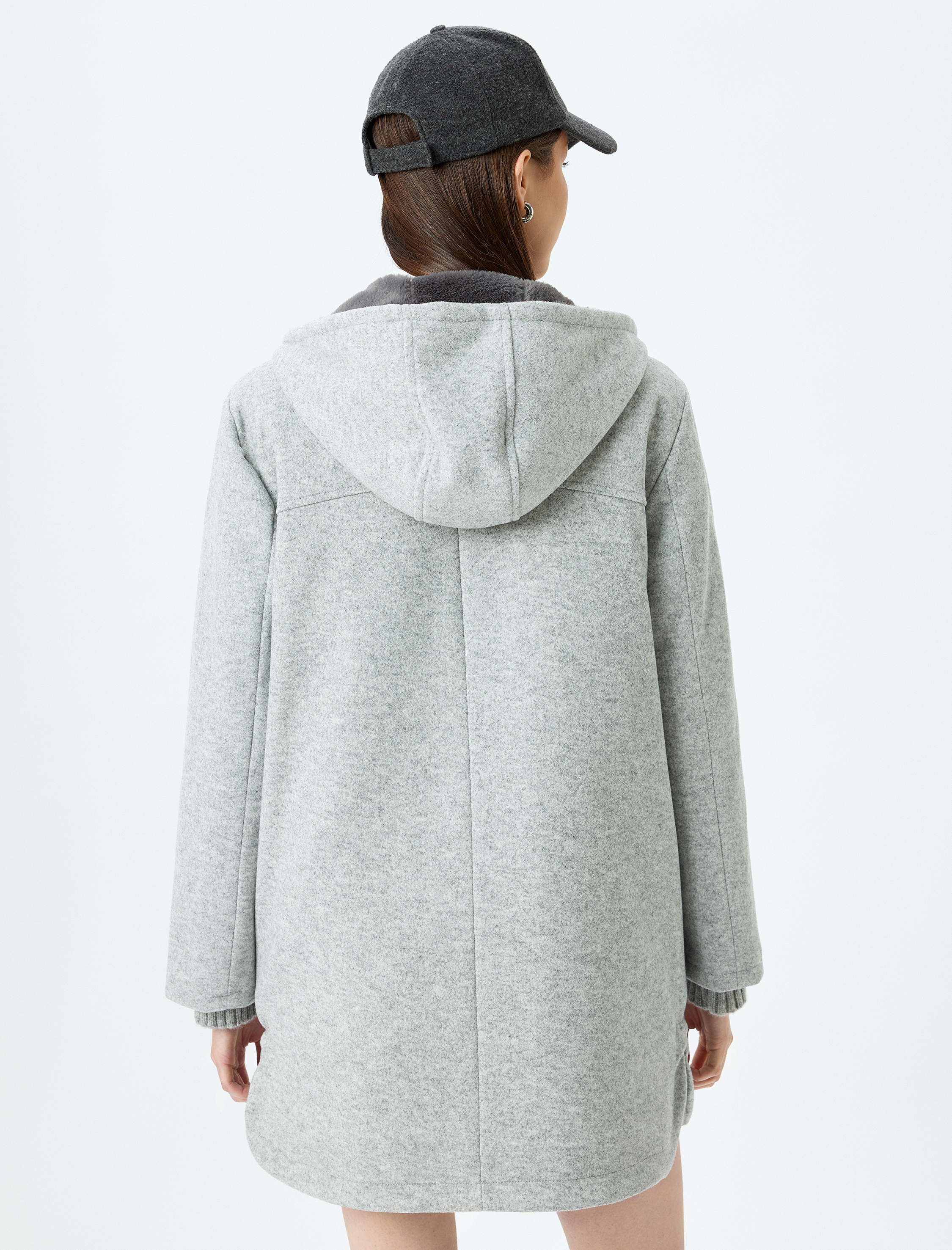   Suni Kürk Yaka Kapüşonlu Fermuarlı Cepli Kaban