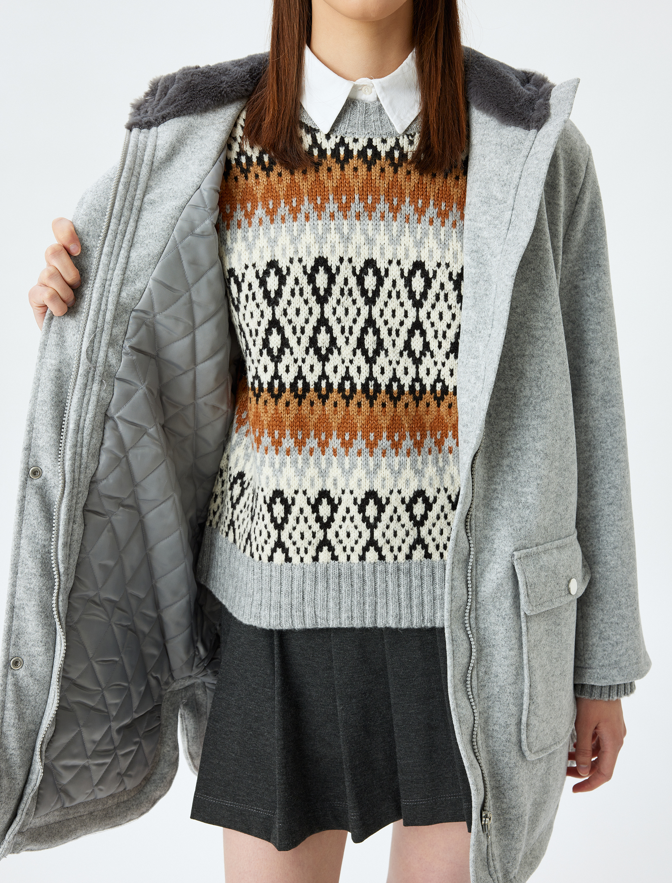   Suni Kürk Yaka Kapüşonlu Fermuarlı Cepli Kaban