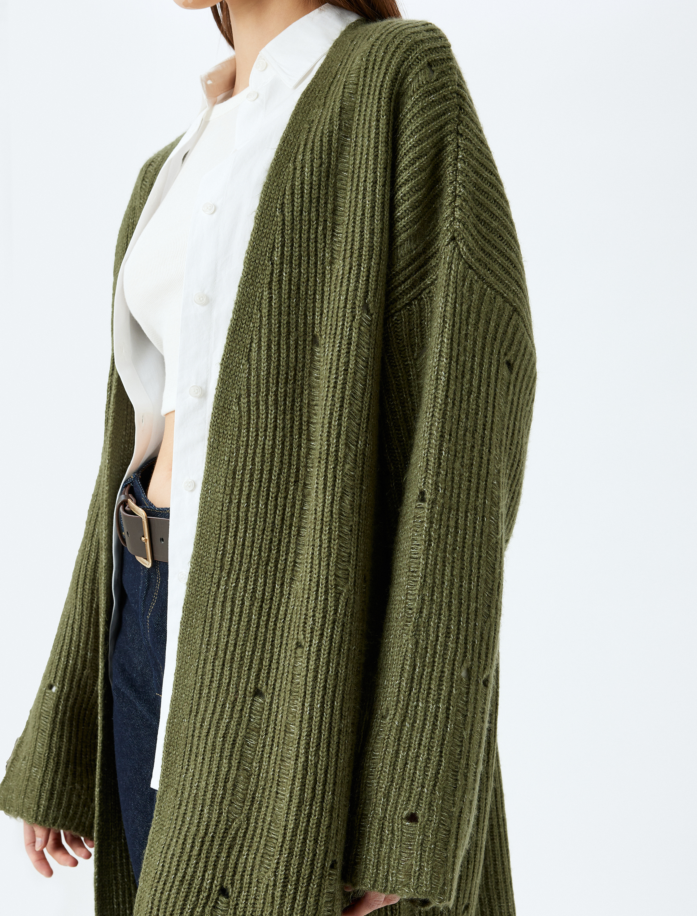 Oversize V Yaka Dökümlü Uzun Triko Hırka