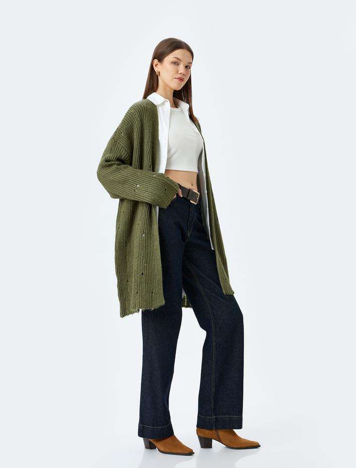  Oversize V Yaka Dökümlü Uzun Triko Hırka