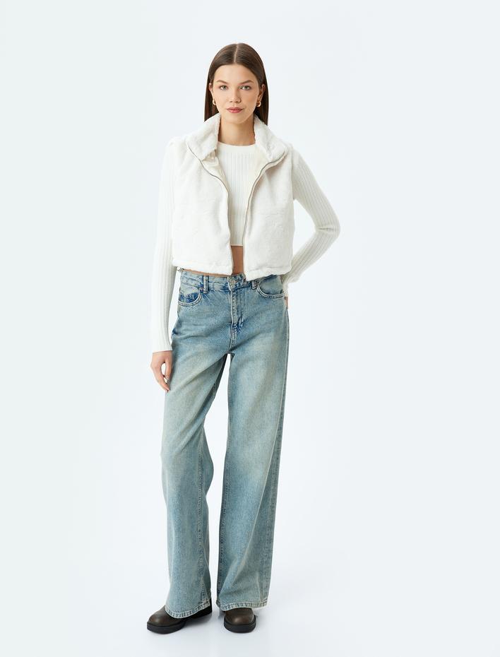  Suni Kürk Dik Yaka Fermuarlı Crop Astarlı Yelek