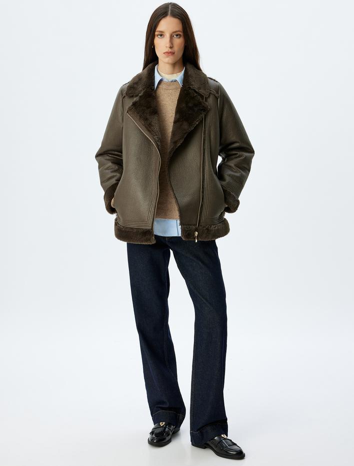  Fermuarlı Cepli Rahat Kalıp Yakası Suni Kürk Detaylı Suni Deri Biker Ceket