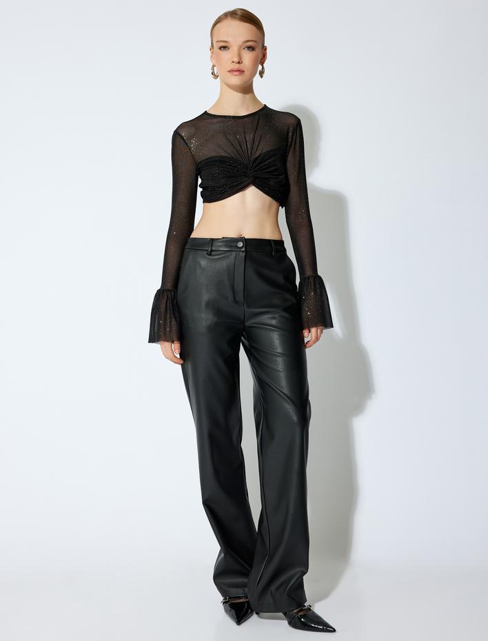  Koton X Sibil Çetinkaya - Crop Bisiklet Yaka Uzun Kollu Simli Abiye Bluz