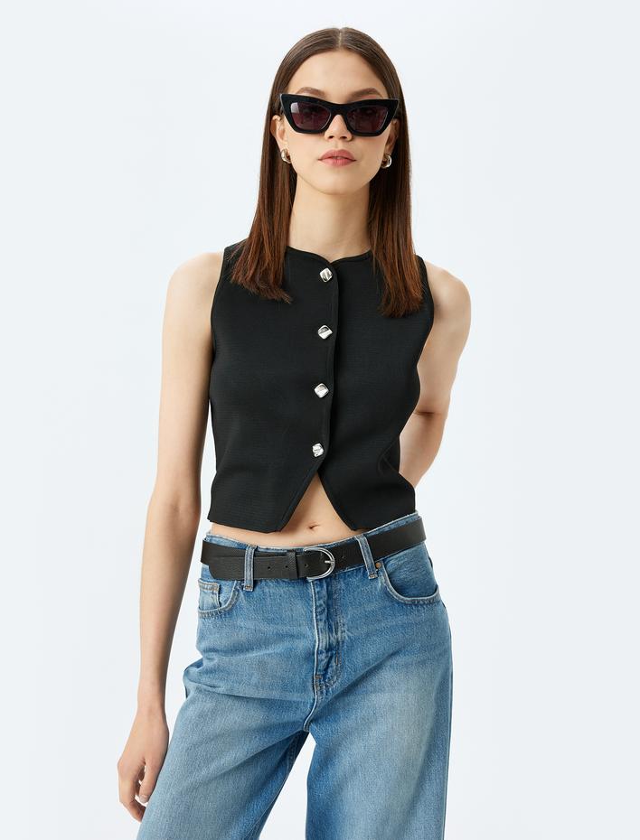  Kolsuz Düğmeli Bisiklet Yaka Triko Yelek