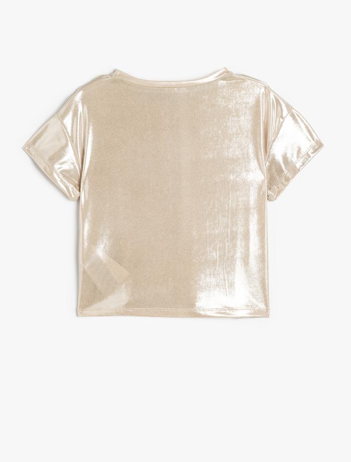 Kız Çocuk Parlak Kumaş Bisiklet Yaka Kısa Kollu Bluz