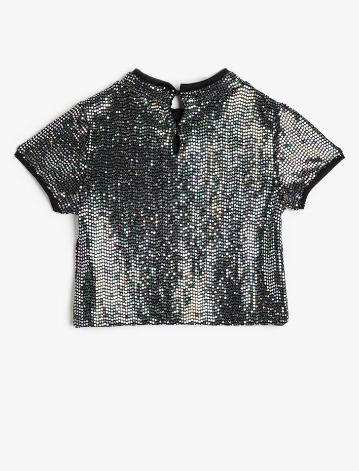 Kız Çocuk Pullu Payetli Parlak Bluz Kısa Kollu Bisiklet Yaka