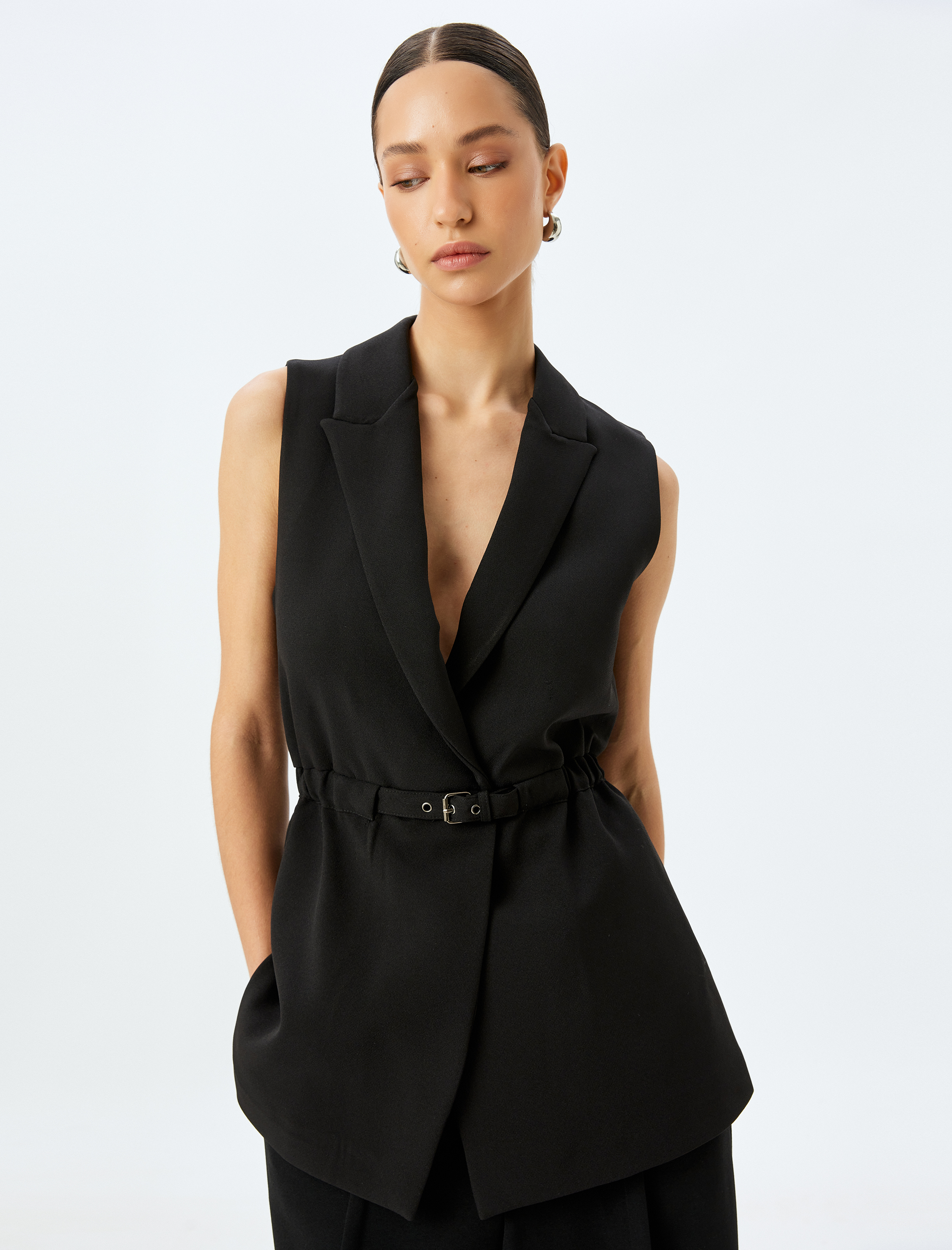   Kemerli Kruvaze Uzun Blazer Yelek