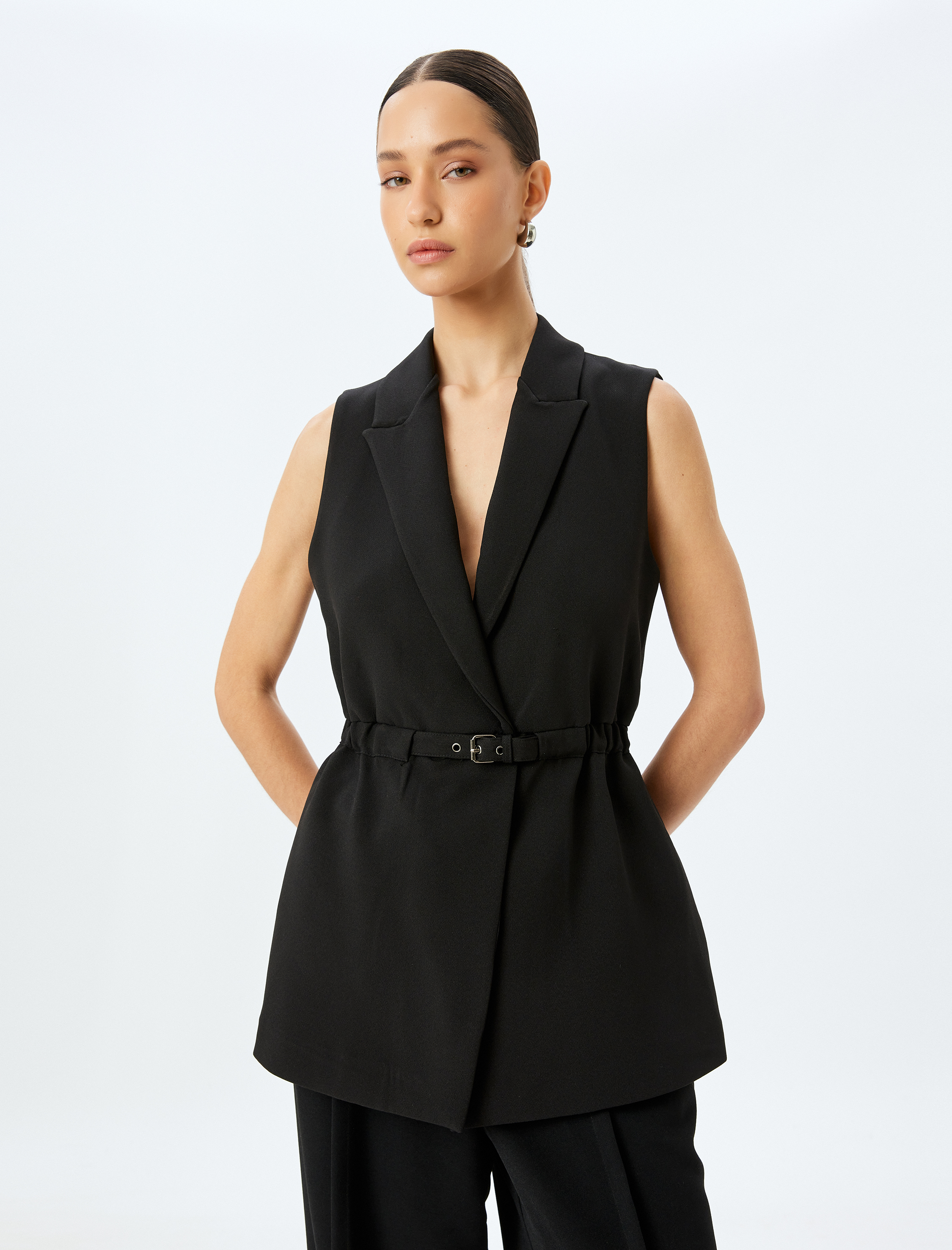   Kemerli Kruvaze Uzun Blazer Yelek