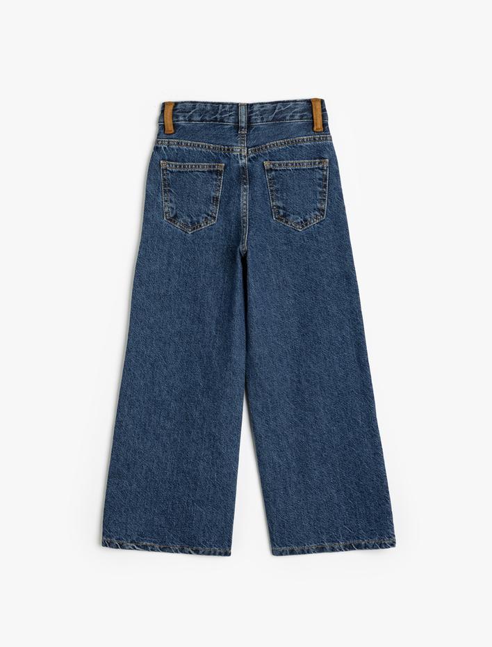 Kız Çocuk Süet Detaylı Kot Pantolon Geniş Paça Zımbalı Cepli Pamuklu - Wide Leg Jean