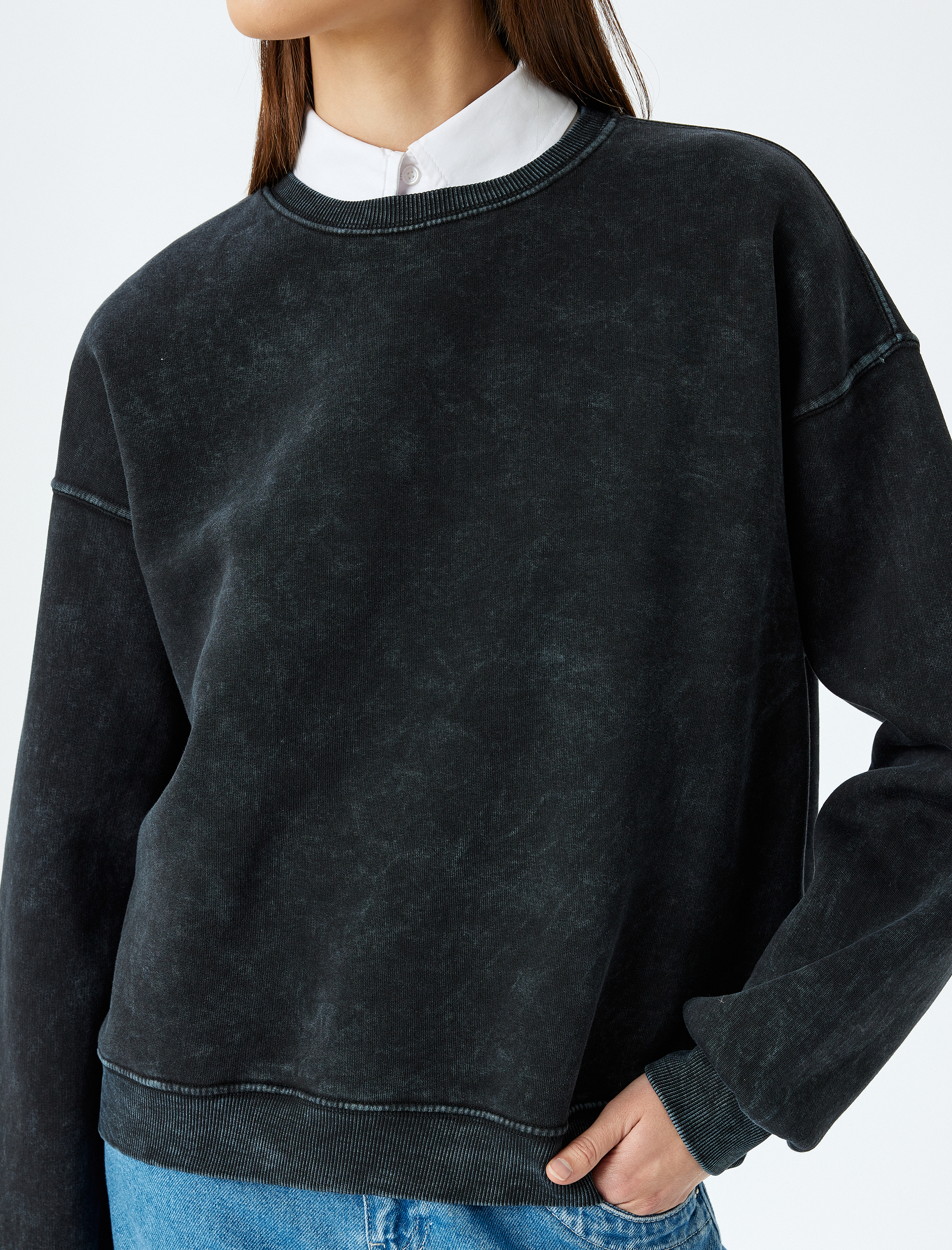   Şardonlu Bisiklet Yaka Yıkamalı Rahat Kalıp Sweatshirt