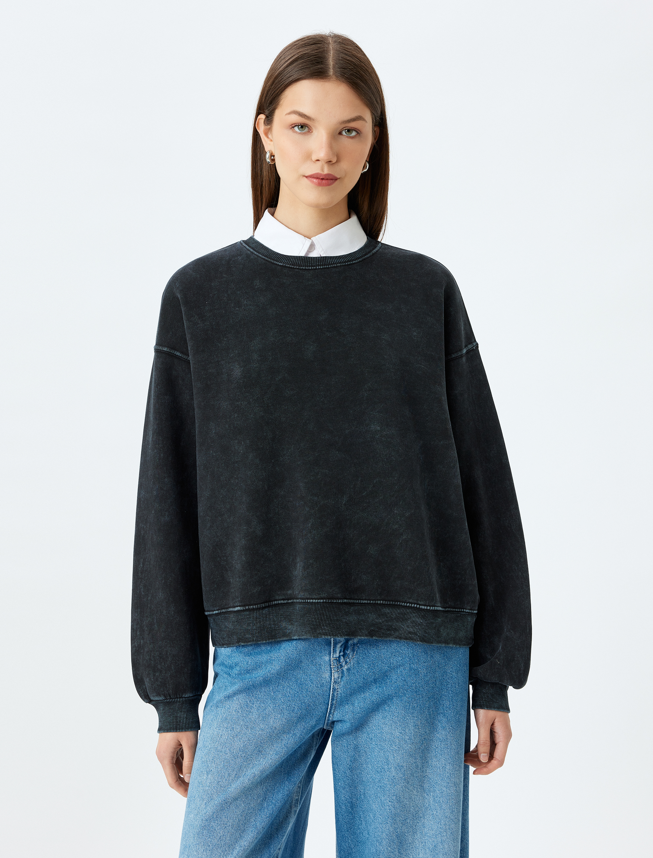   Şardonlu Bisiklet Yaka Yıkamalı Rahat Kalıp Sweatshirt