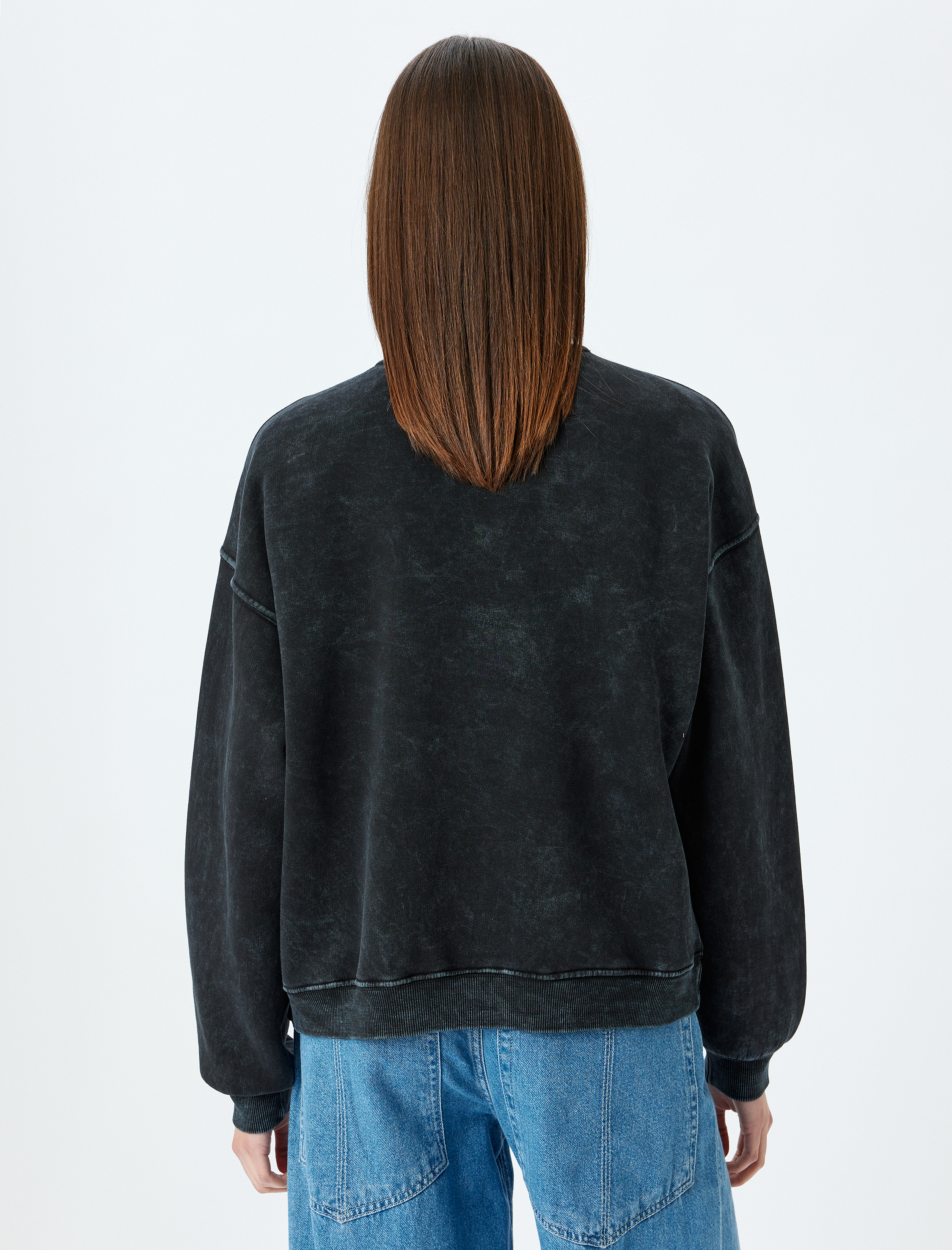   Şardonlu Bisiklet Yaka Yıkamalı Rahat Kalıp Sweatshirt