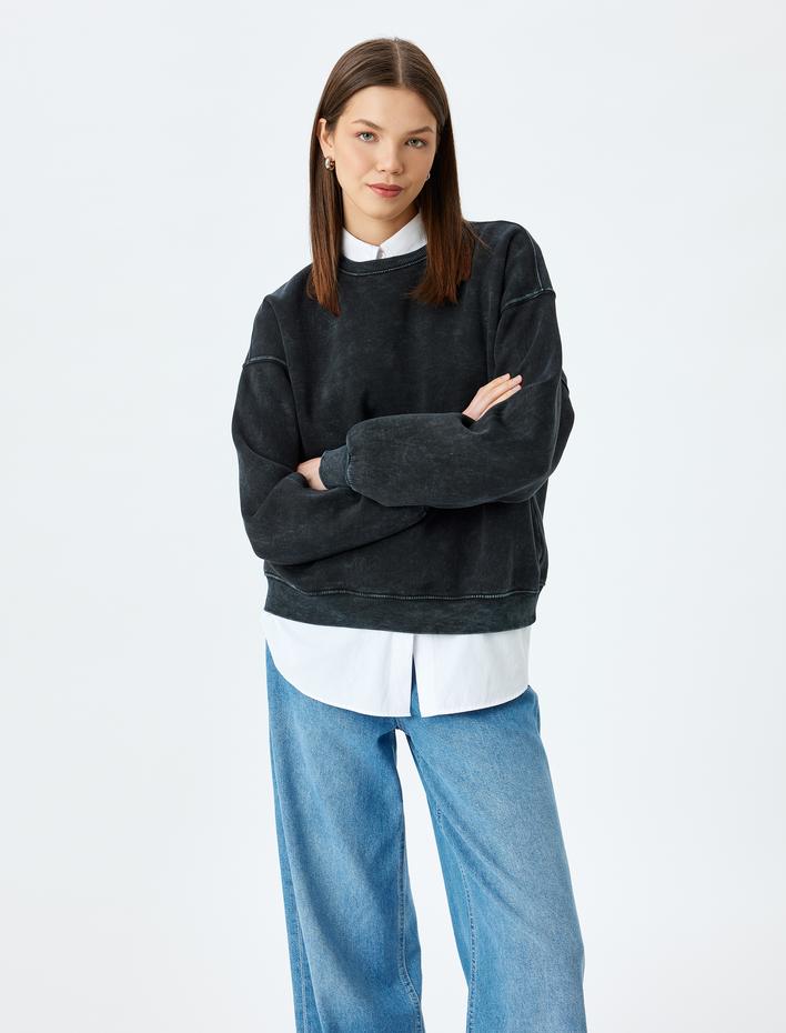  Şardonlu Bisiklet Yaka Yıkamalı Rahat Kalıp Sweatshirt