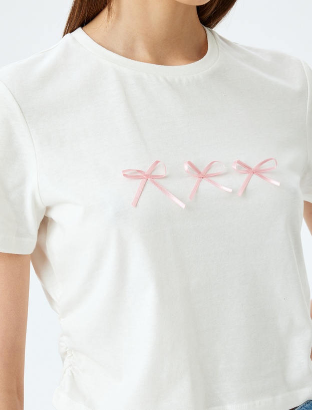 Crop Bisiklet Yaka Kısa Kollu Slim Fit Fiyonklu Tişört_4