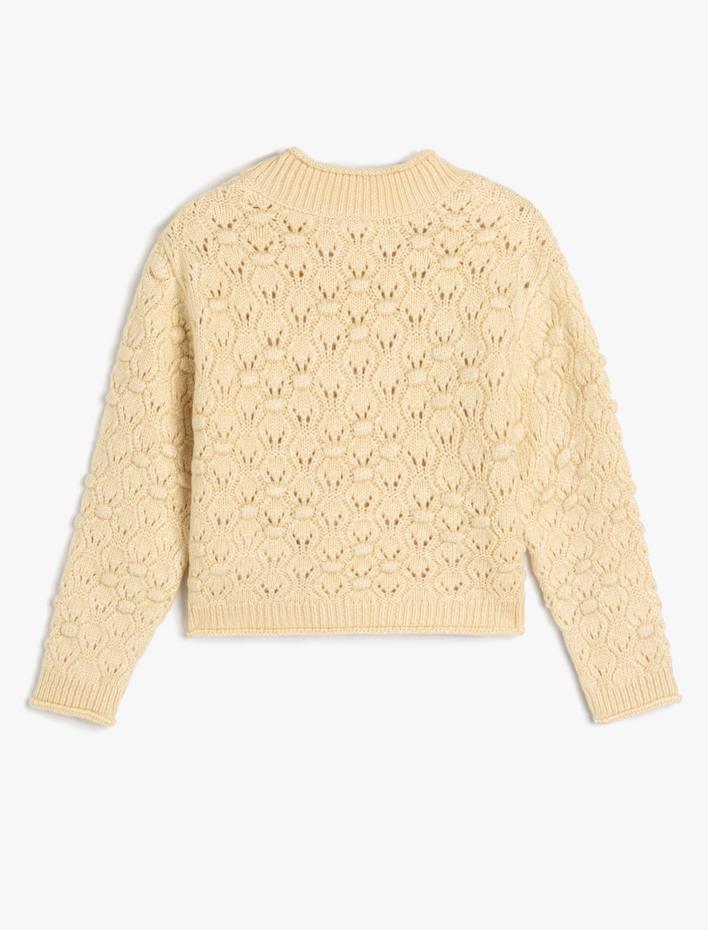 Kız Çocuk Triko Kazak Ajurlu Yuvarlak Yaka Uzun Kollu Püskül Detaylı